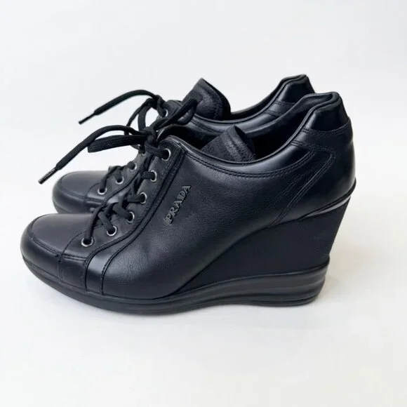 Prada Sport Leather Wedge Sneakers Black Women’s Size 37.5 - Picture 3 of 11